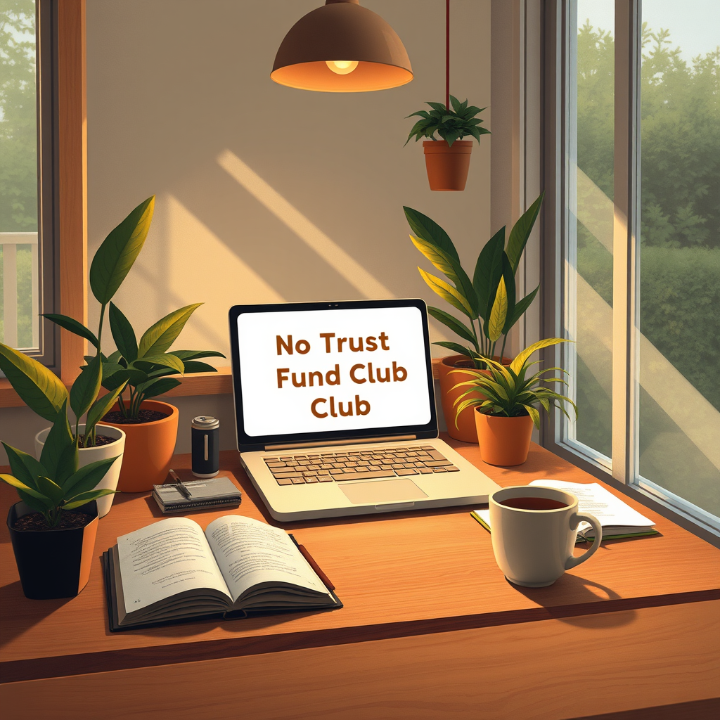 a cozy, welcoming digital illustration of a modern coffee shop or home workspace with soft natural lighting, a glowing laptop screen that reads 'No Trust Fund Club,' warm wooden textures, plants, open notebooks, and a cup of coffee or tea on the desk. The vibe should feel safe, inspiring, and inclusive — like a place where people gather to build something meaningful together. No people visible.